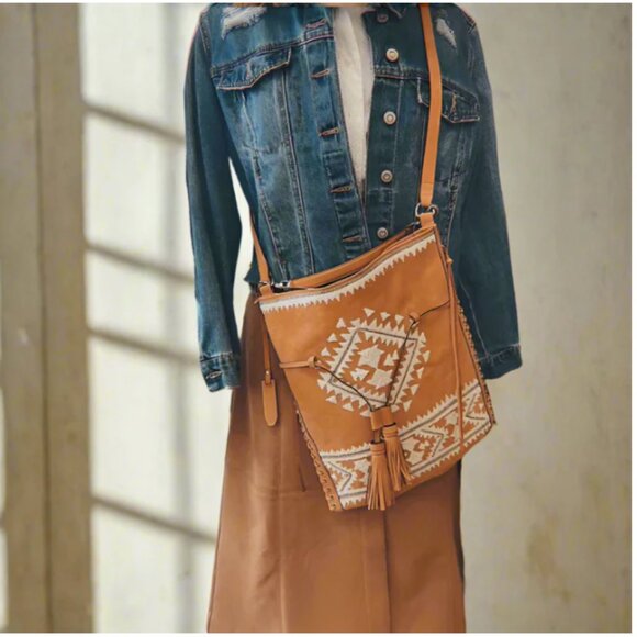 Rebecca Minkoff Boho Drawstring Leather Crossbody Bag Brown Aztec Slim - Picture 3 of 13